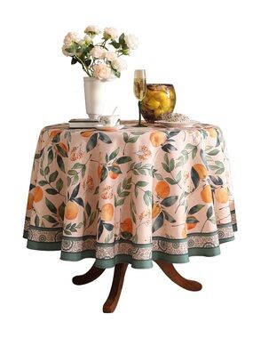 Orange Floral Tablecloth French Linen - 55” Round
